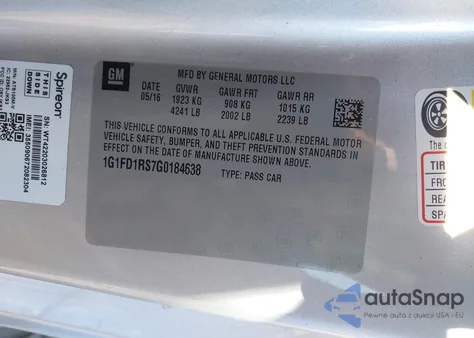 2016 Chevrolet Camaro 2Lt из США, поврежденный, VIN 1G1FD1RS7G0184638